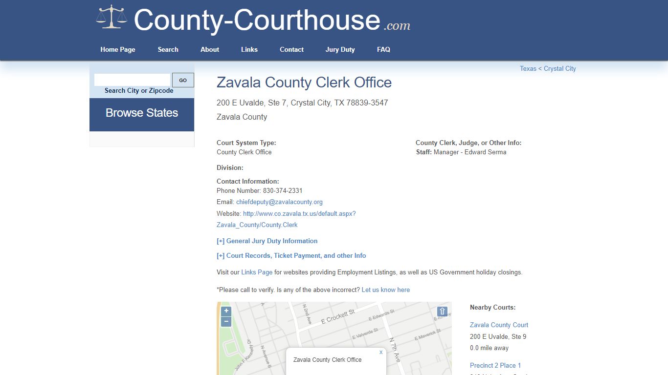 Zavala County Clerk Office in Crystal City, TX - Court Information